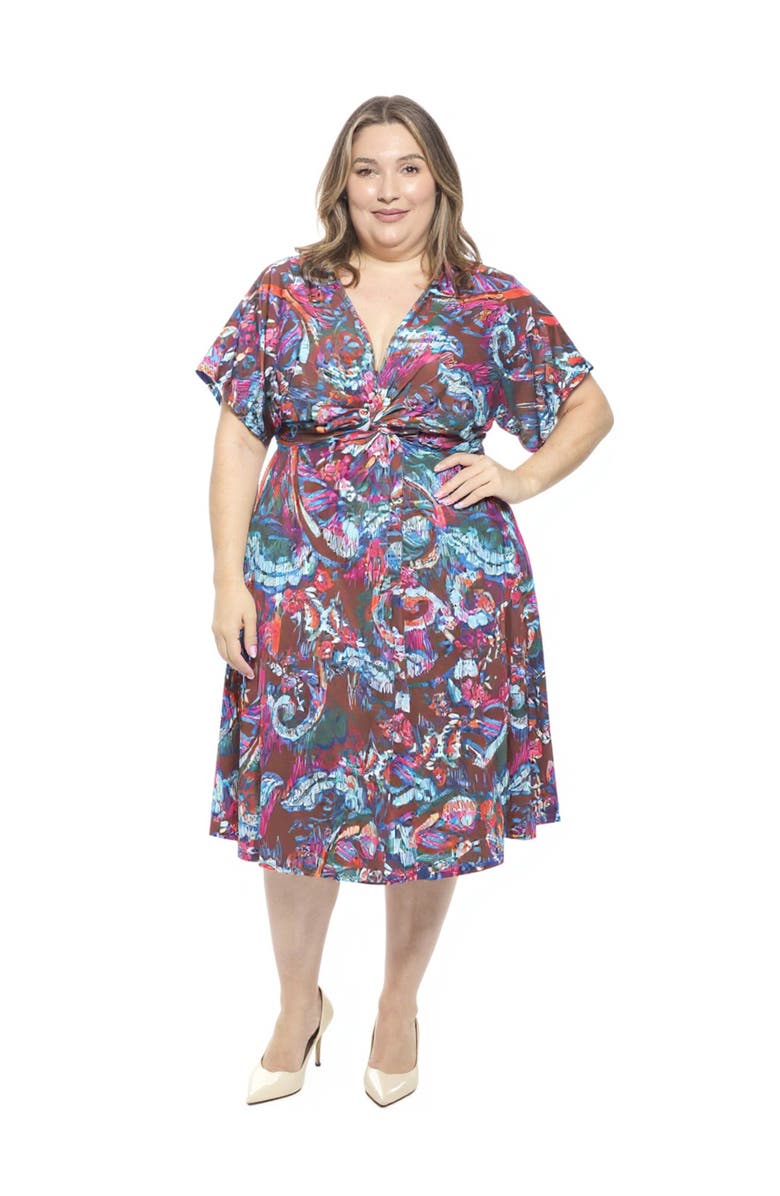 24seven Comfort Apparel Plus Size Abstract V-Neck Dolman Sleeve Twist Front A-Line Midi Dress, Main, color, Brown Multi