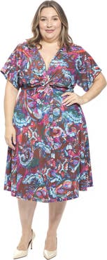 24seven Comfort Apparel Plus Size Abstract V-Neck Dolman Sleeve Twist Front A-Line Midi Dress