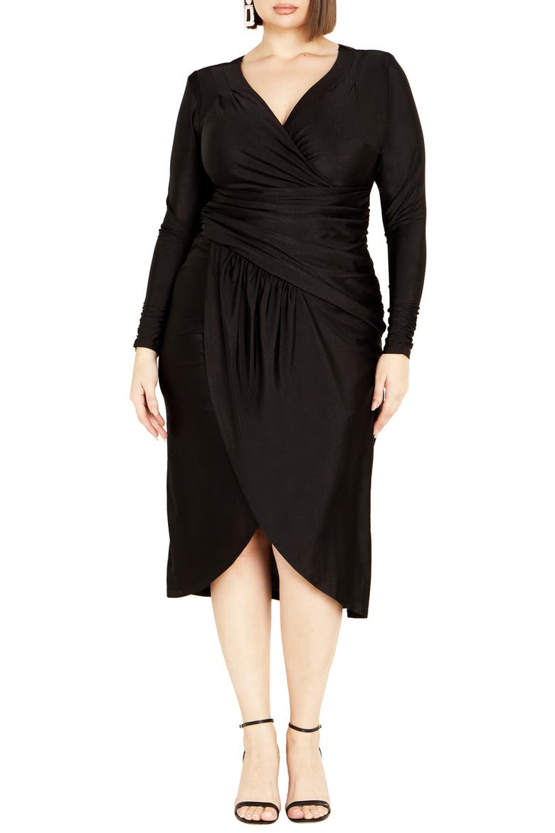Marissa Ruched Long Sleeve Midi Dress, Main, color, BLACK