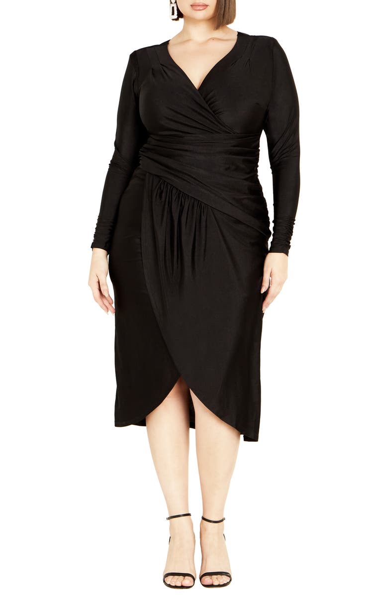 City Chic Marissa Ruched Long Sleeve Midi Dress, Main, color, Black