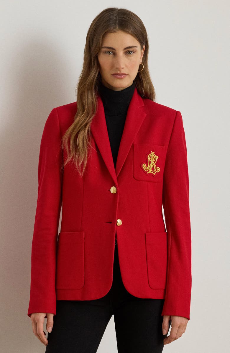 Lauren Ralph Lauren Bullion Jacquard Logo Patch Cotton Blend Blazer, Alternate, color, Ralph Red