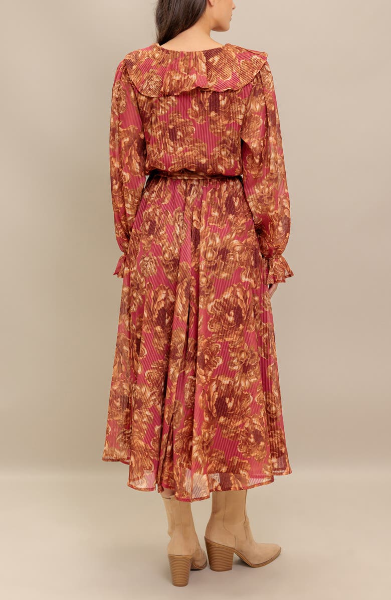 FLYING TOMATO Floral Long Sleeve Midi Dress, Alternate, color, Terracotta