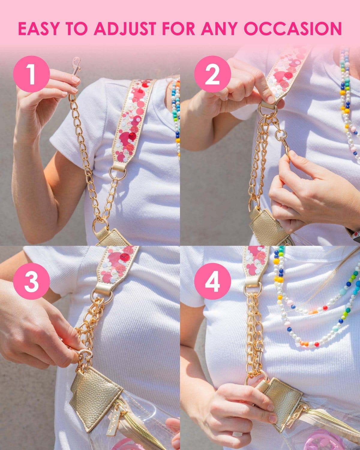 Pink Party Confetti Adjustable Belt Bag Strap - 48-Inch Gold Chain with Pink Confetti Vegan Leather for Cooper and Stadium Clear Bags, Alternate, color, Pink