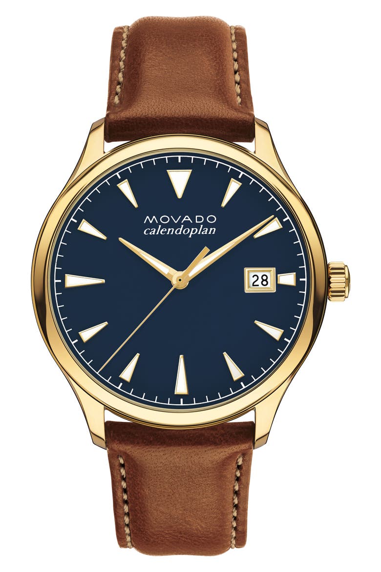 Heritage Calendoplan Leather Strap Watch, 42mm, Main, color, COGNAC/ BLUE/ GOLD