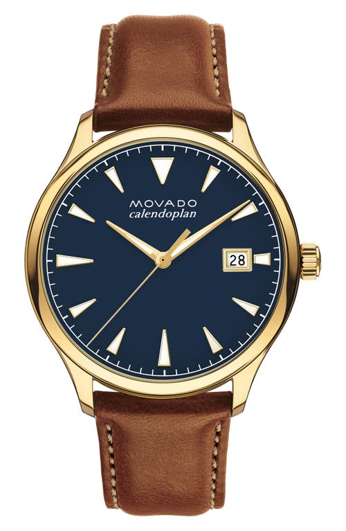 Movado Heritage Calendoplan Leather Strap Watch, 42mm in Cognac/Blue/Gold at Nordstrom