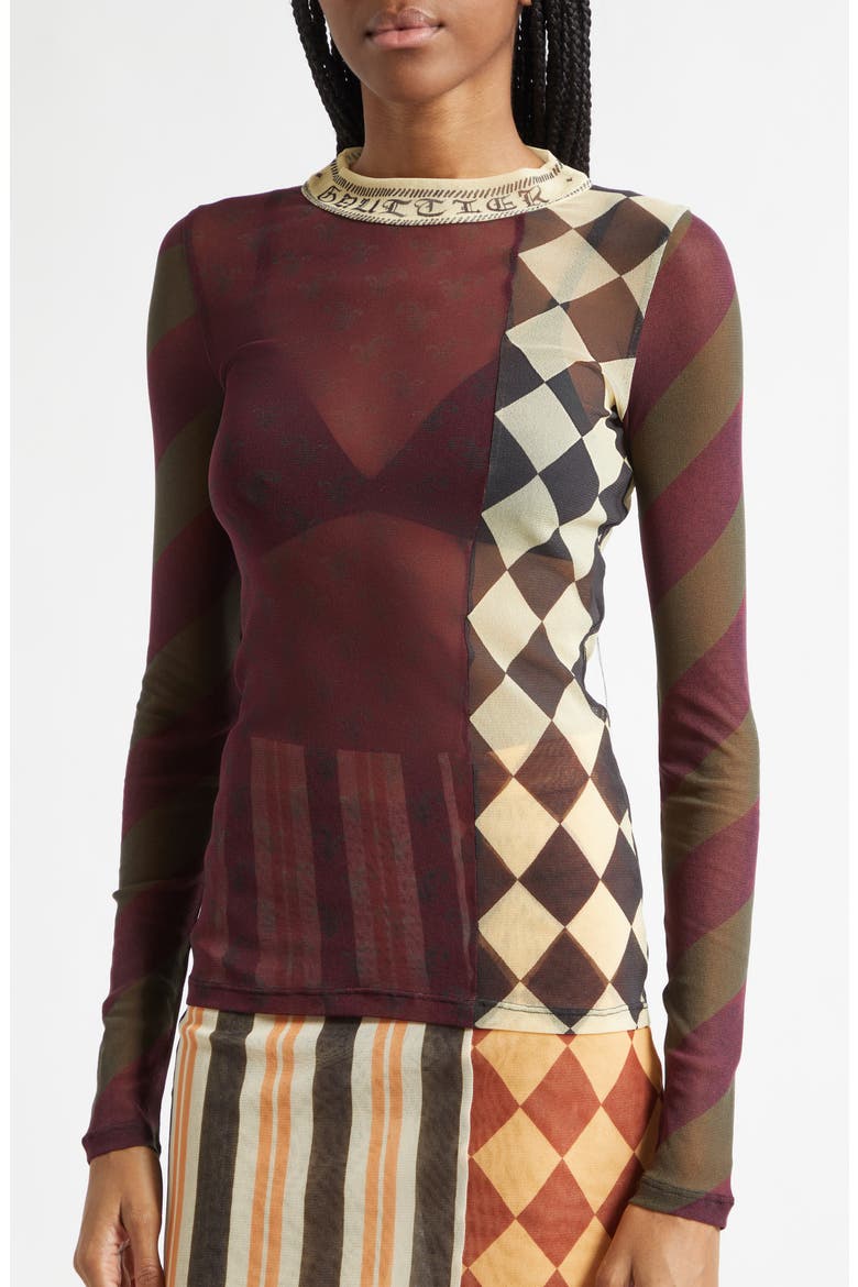 Checkerboard Long Sleeve Mesh Top, Alternate, color, BURGUNDY MULTICOLOR