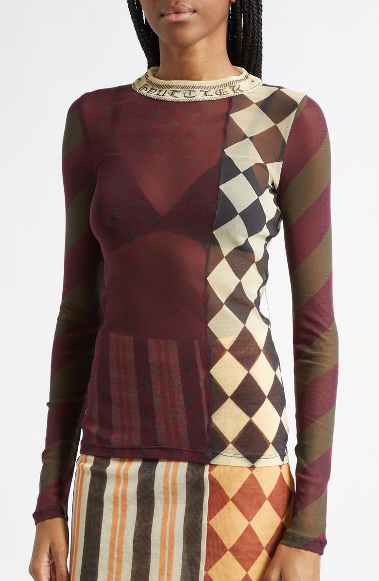 Jean Paul Gaultier Checkerboard Long Sleeve Mesh Top, Alternate, color, Burgundy Multicolor