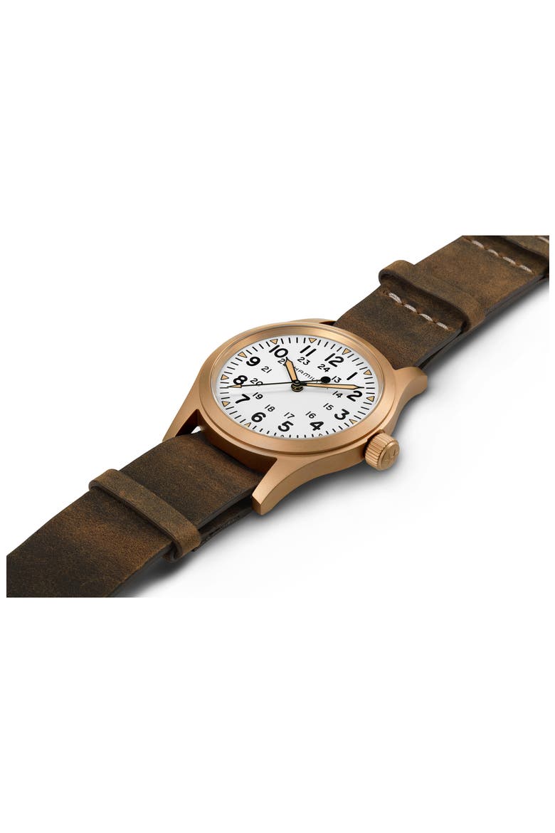Khaki Field Mechanical Leather Strap Watch, 38mm, Alternate, color, WHITE