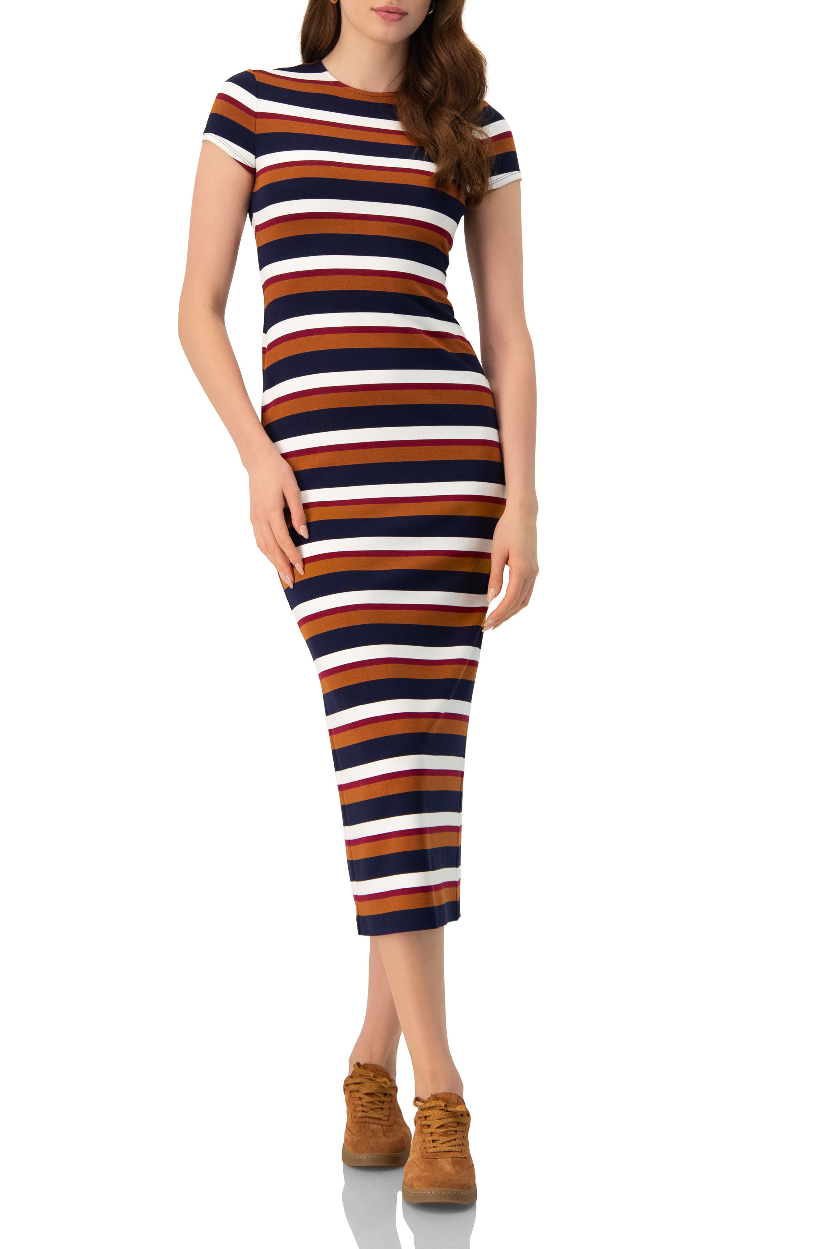 Long Wide Stripes Cap Sleeve Dress