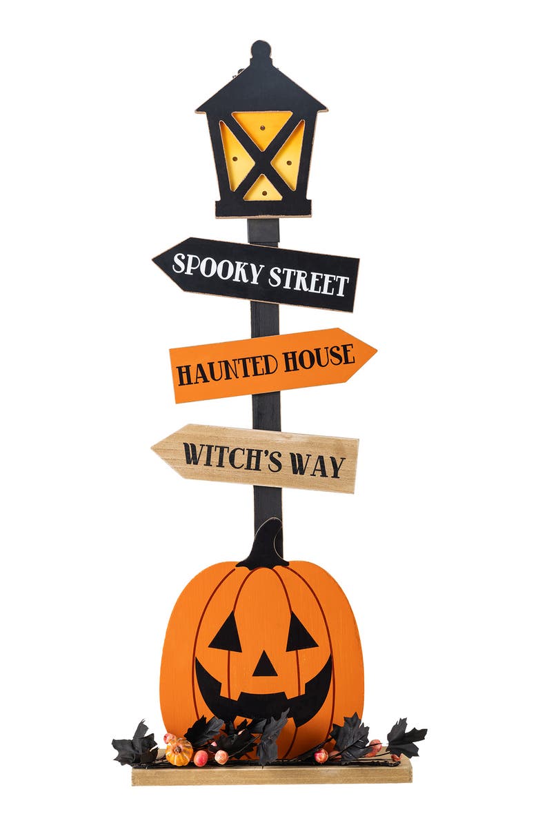 Glitzhom Halloween Lighted Wooden Jack-O-Lantern Lamp Post Porch Decor with Timer, Main, color, Black