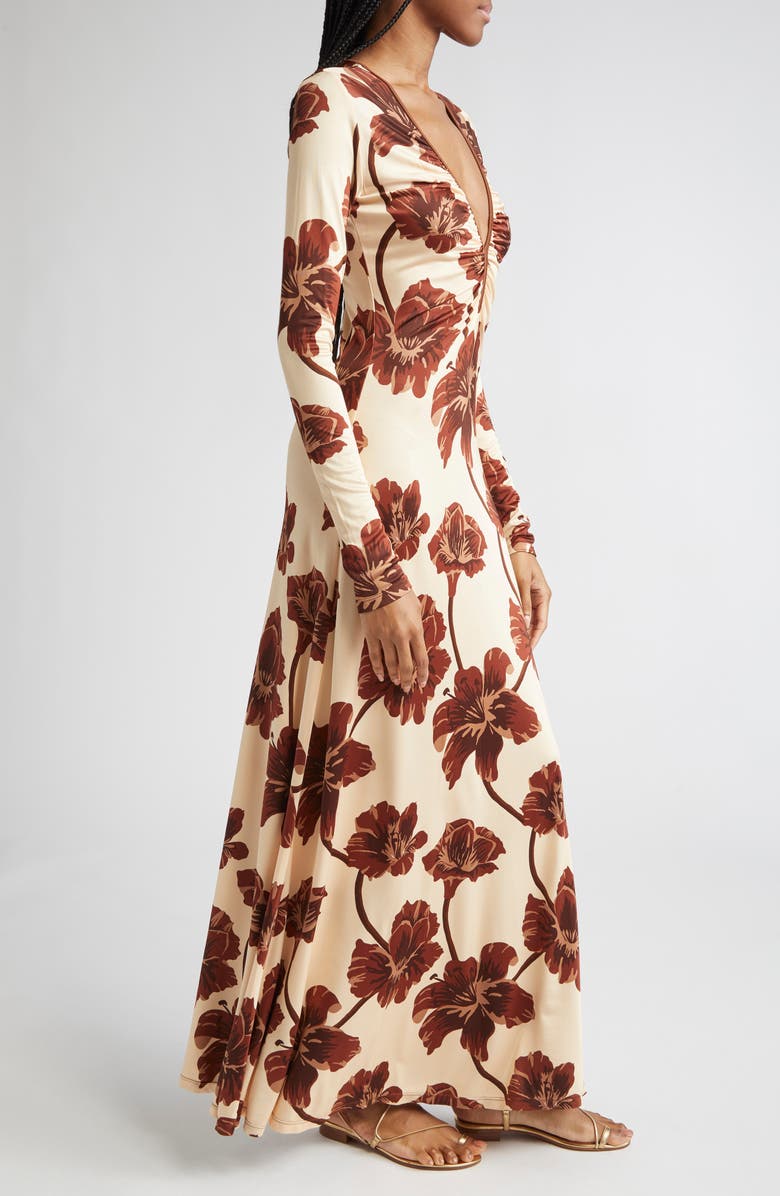Johanna Ortiz Alma Bordada Floral Print Long Sleeve Jersey Dress, Alternate, color, Ecru / Chocolate / Mocca