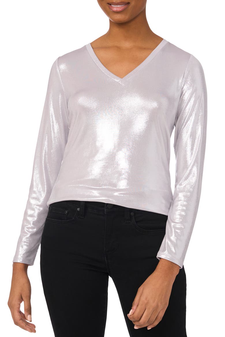 Rhinestone Long Sleeve V-Neck Blouse, Main, color, SILVER