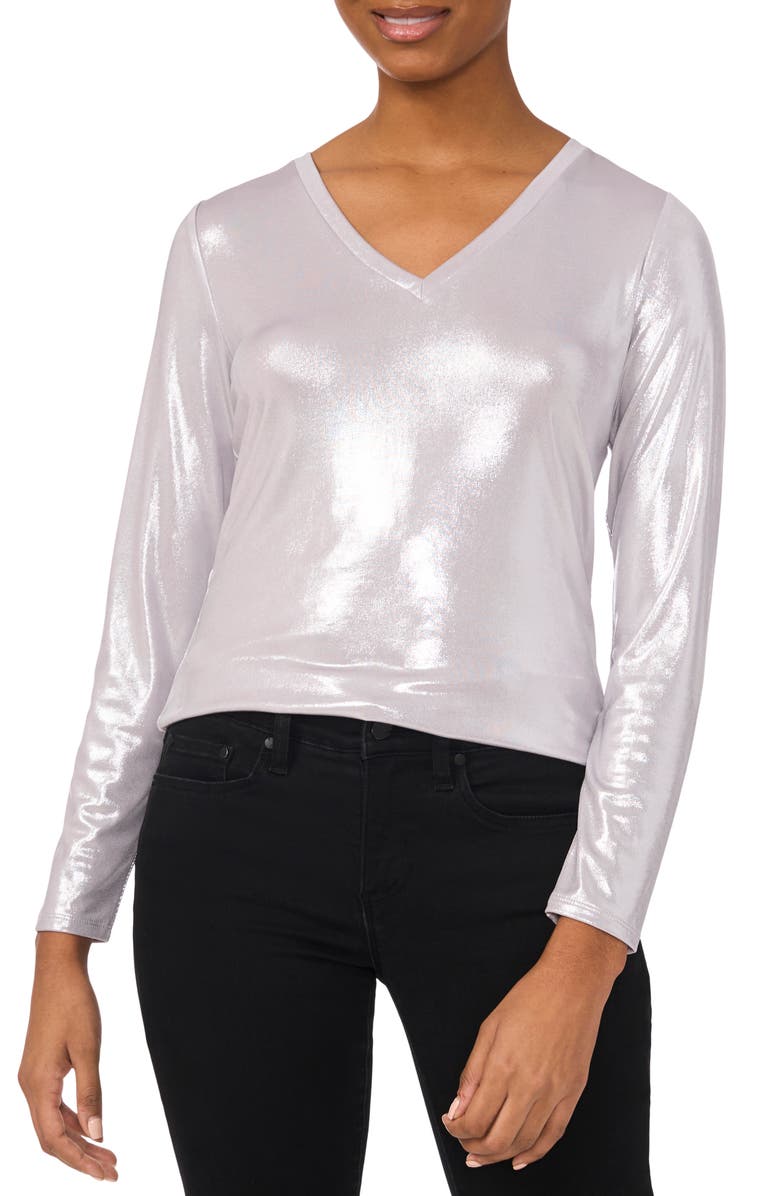 CeCe Rhinestone Long Sleeve V-Neck Blouse, Main, color, Silver