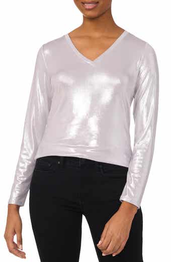 CeCe Rhinestone Long Sleeve V-Neck Blouse