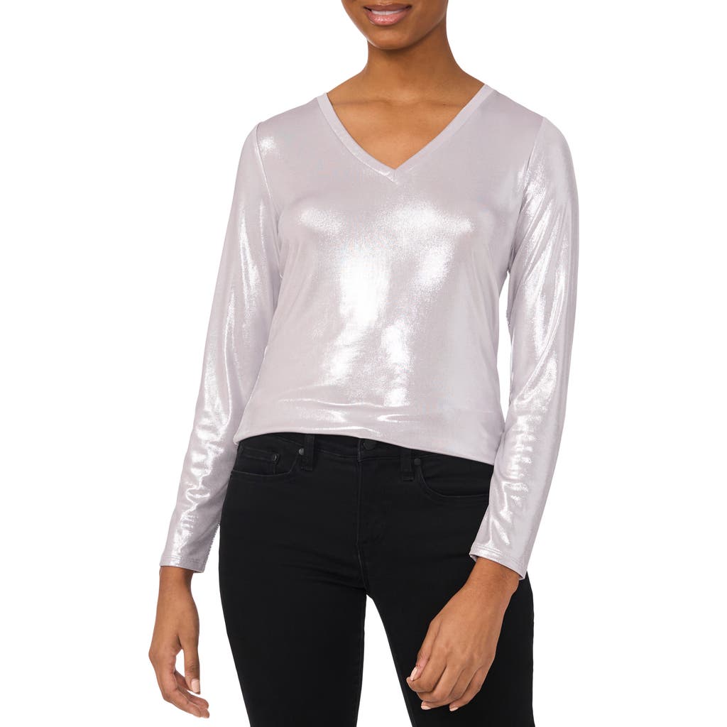 Shop Cece Rhinestone Long Sleeve V-neck Blouse In Silver