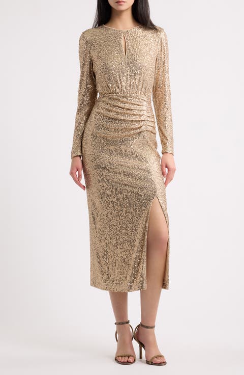 Sequin Keyhole Long Sleeve Midi Dress