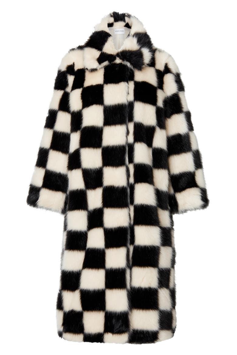 Nino Long Checkerboard Faux Fur Coat, Alternate, color, OFF WHITE/ BLACK CHECK