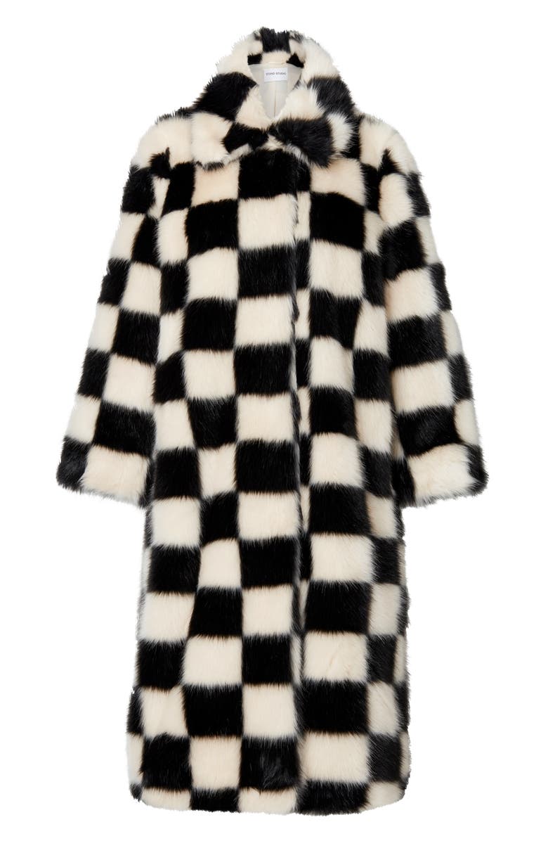 Stand Studio Nino Long Checkerboard Faux Fur Coat, Alternate, color, 