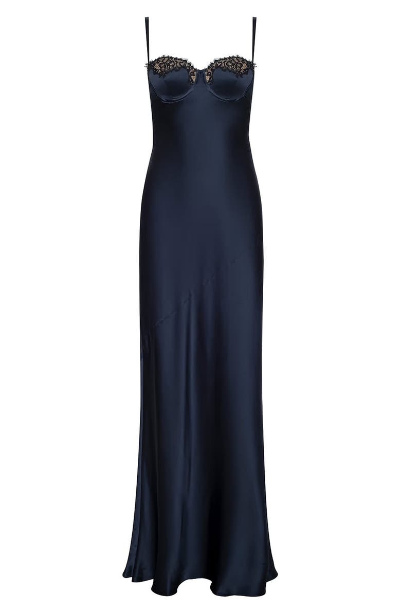 L'AGENCE Shayla Lace Trim Silk Satin Maxi Slipdress, Alternate, color, Midnight