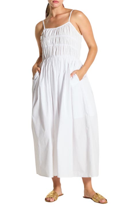 Sleeveless Smocked Cotton Midi Dress