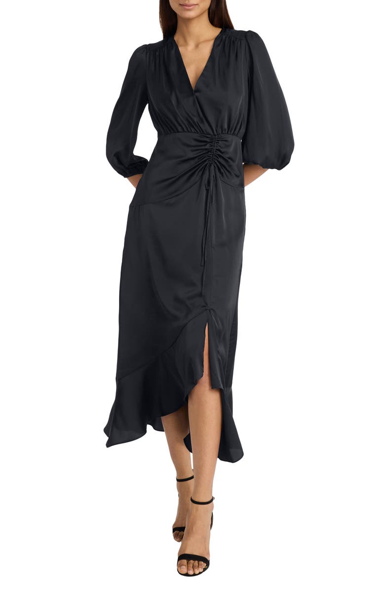 DONNA MORGAN FOR MAGGY Three-Quarter Sleeve Faux Wrap Midi Dress, Main, color, Black
