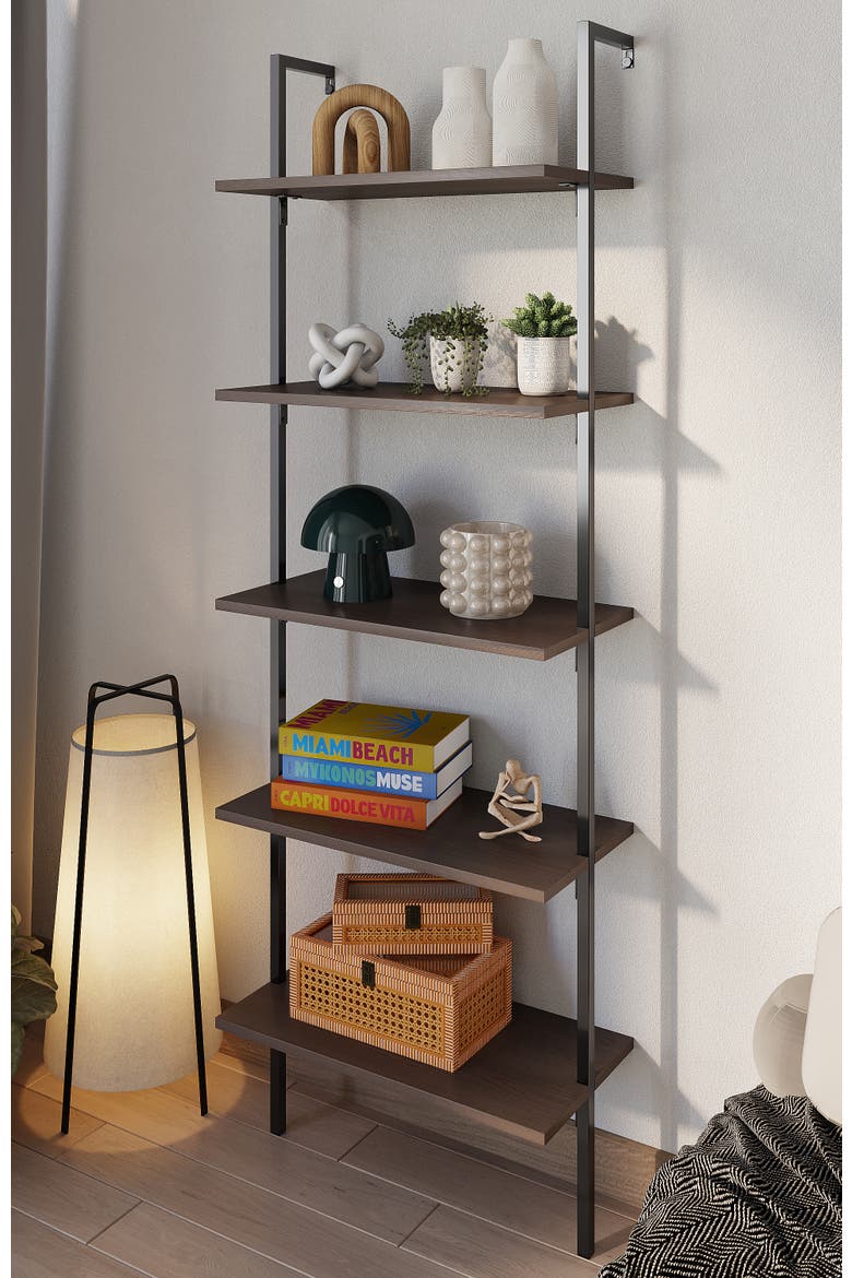 Madera Classic Industrial Shelf Wood Wall-Mounted Open Ladder Bookcase with Metal Frame, Alternate, color, Brown/Black