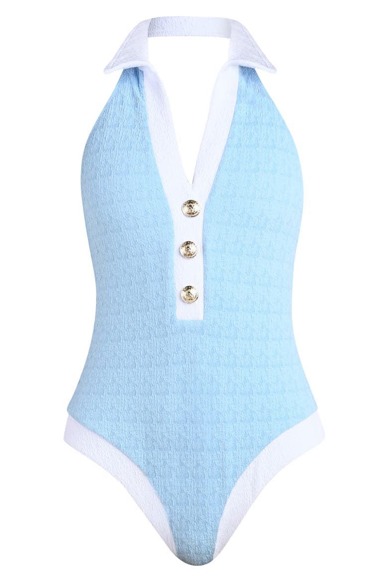 Natalya Colorblock Halter One-Piece Swimsuit, Alternate, color, POWDER BLUE