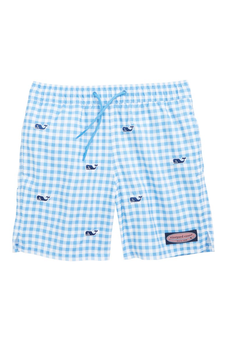 Gingham Whale Embroidered Chappy Swim Trunks, Main, color, CORNFLOWER
