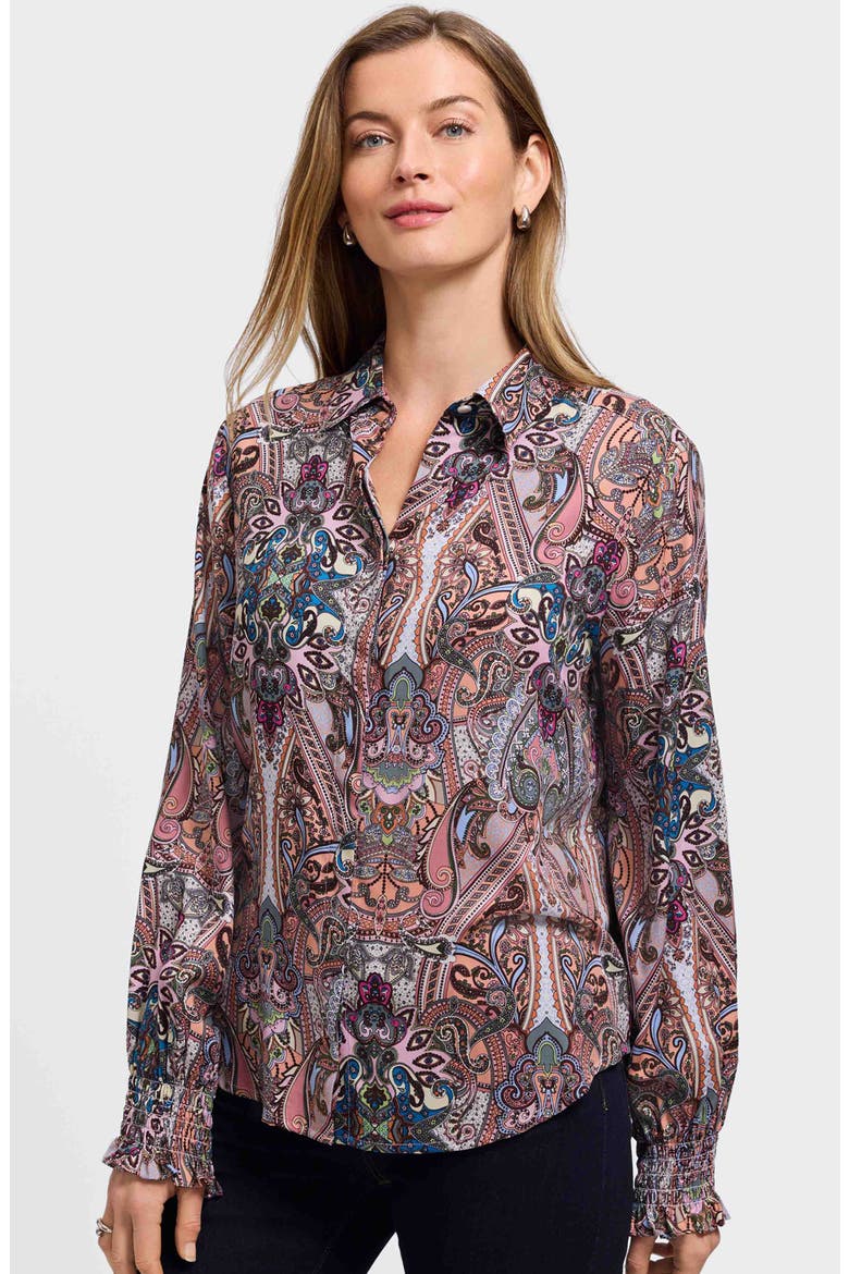 Olivia Paisley Print Smocked Cuff Button-Up Shirt, Alternate, color, BROWN MULTI