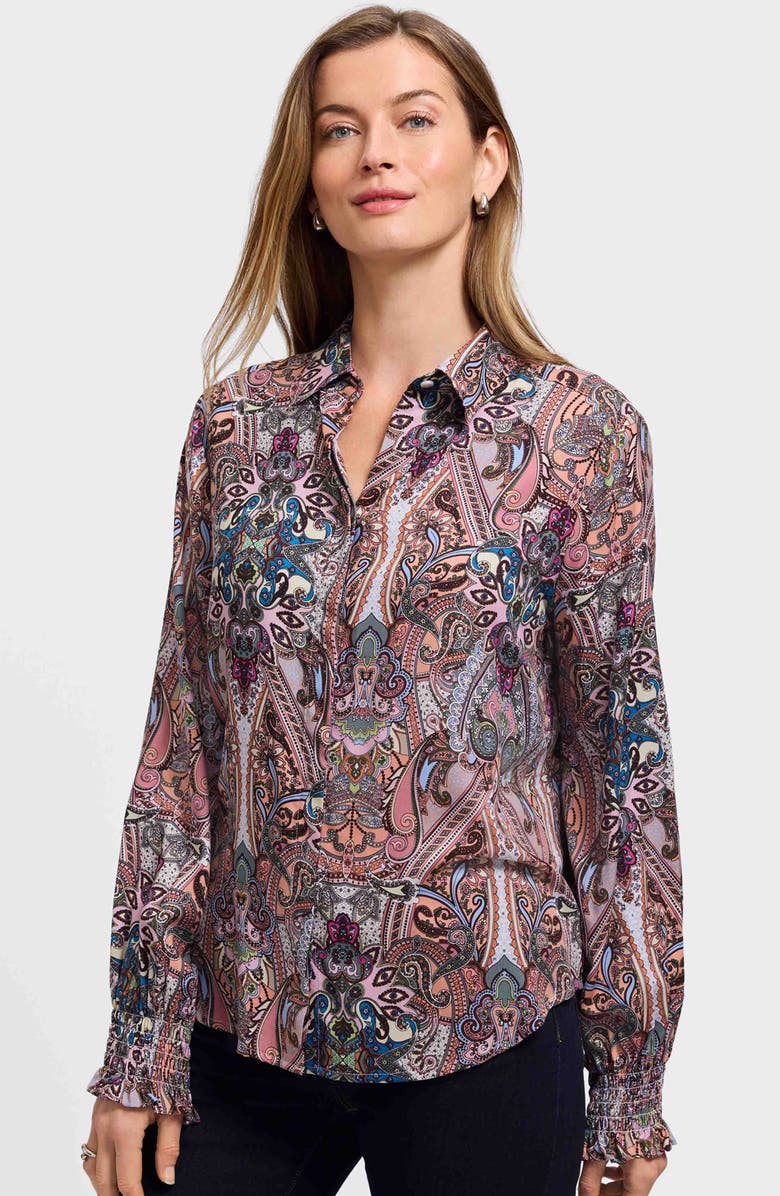 Foxcroft Olivia Paisley Print Smocked Cuff Button-Up Shirt, Alternate, color, Brown Multi