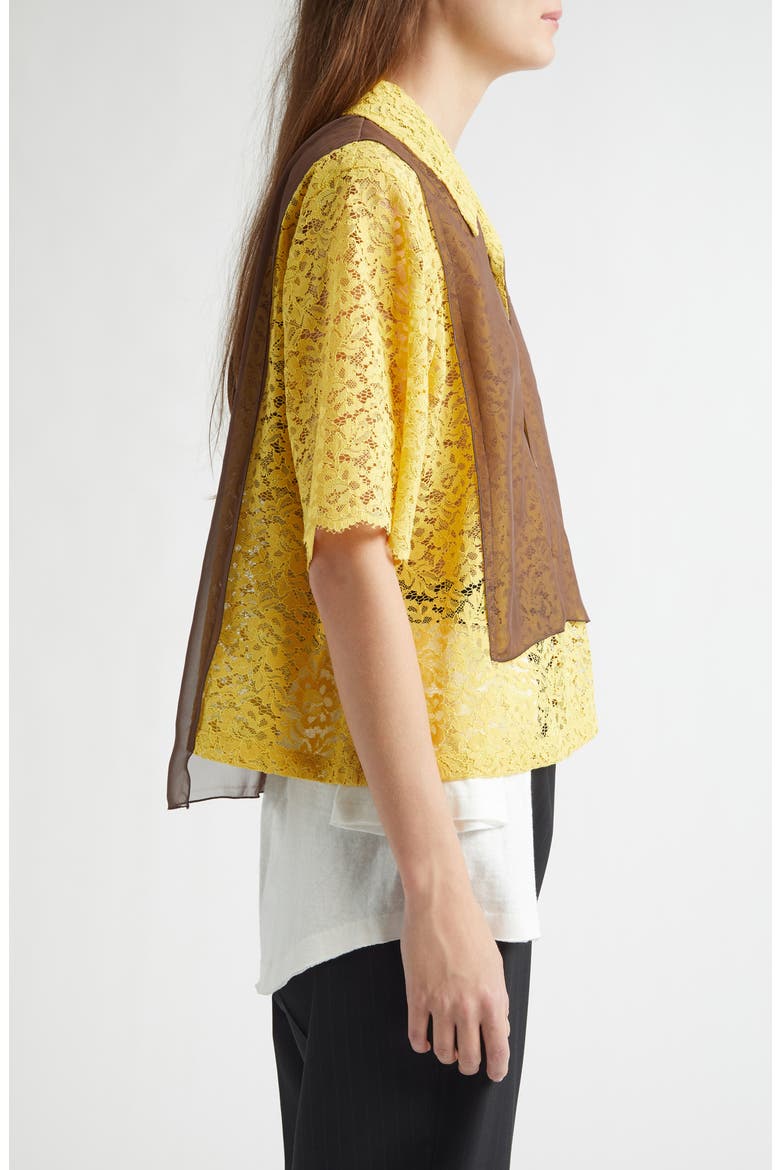 Mixed Media Lace & Chiffon Camp Shirt, Alternate, color, YELLOW