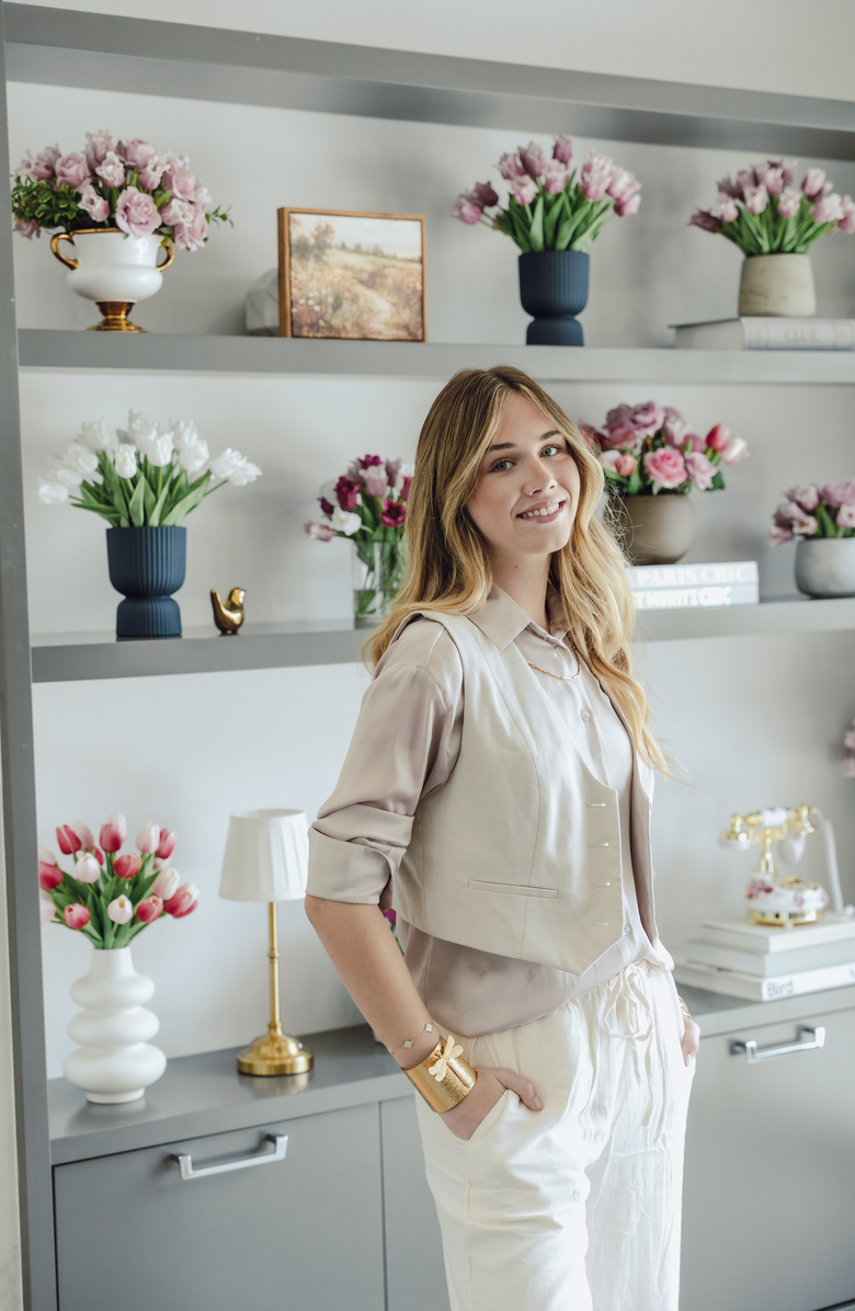 CocoBella Marigold RealTouch Tulip Pedestal Arrangement, Alternate, color, Snow