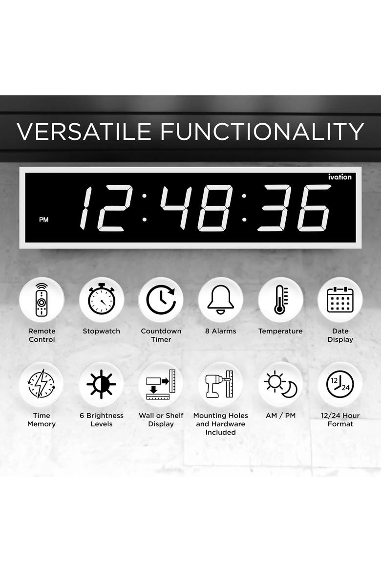 Large Digital Clock, 24 Led Wall Clock with Stopwatch, Alarms, Timer, Temp & Remote, Alternate, color, White