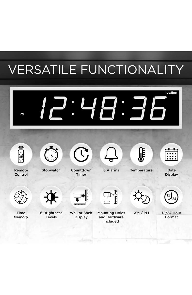 Ivation Large Digital Clock, 24 Led Wall Clock with Stopwatch, Alarms, Timer, Temp & Remote, Alternate, color, White