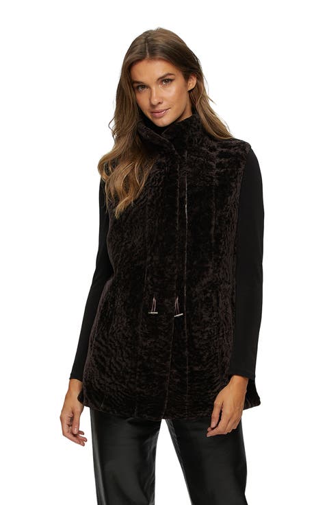 Genuine Shearling Hooded Vest Reversible To Taffeta