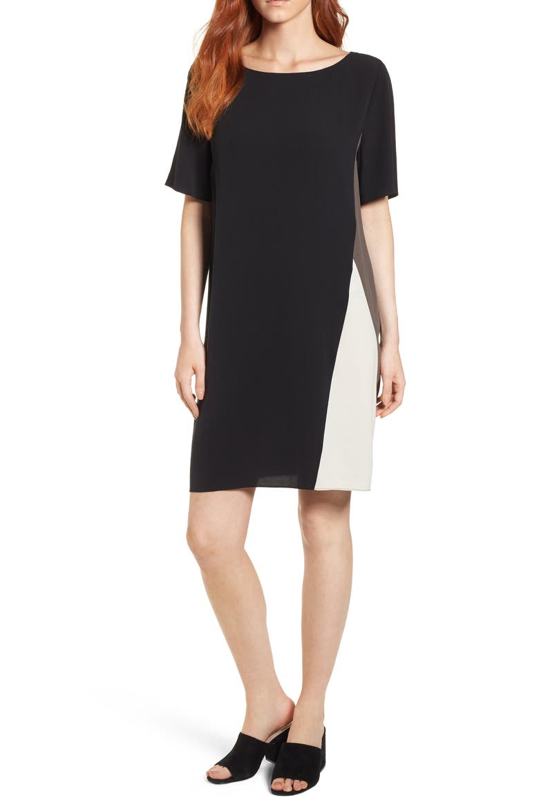 Colorblock Silk Georgette Crepe Dress, Main, color, BLACK