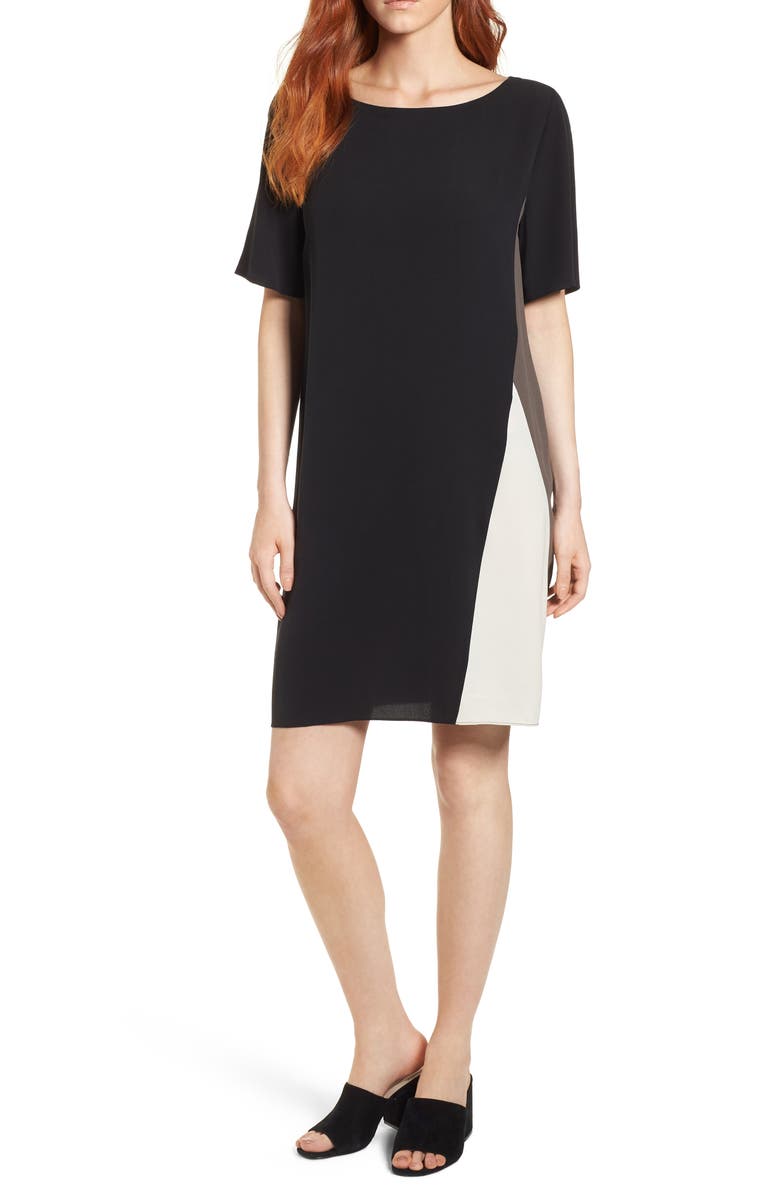 Eileen Fisher Colorblock Silk Georgette Crepe Dress, Main, color,