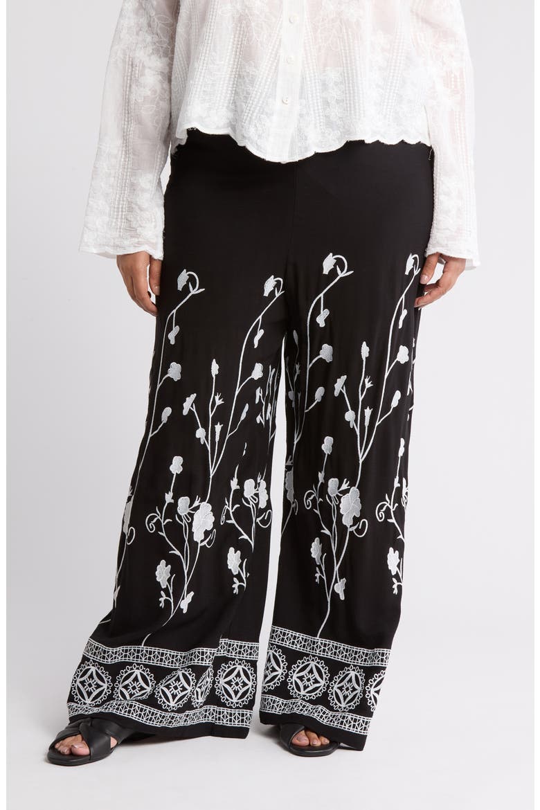 Embroidered Wide Leg Pants, Main, color, BLACK/ WHITE