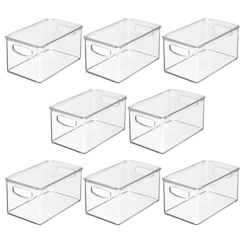 Deep Plastic Bathroom Storage Box, Lid/Built-In Handles, 8 Pack, Clear