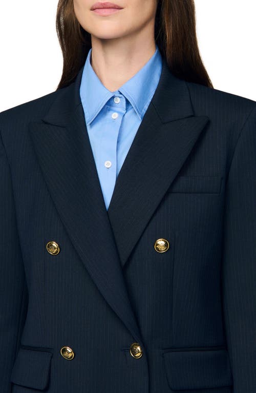 Sandro Womens Navy Blue Pinstripe Long-sleeve Wool-blend Blazer In Blue