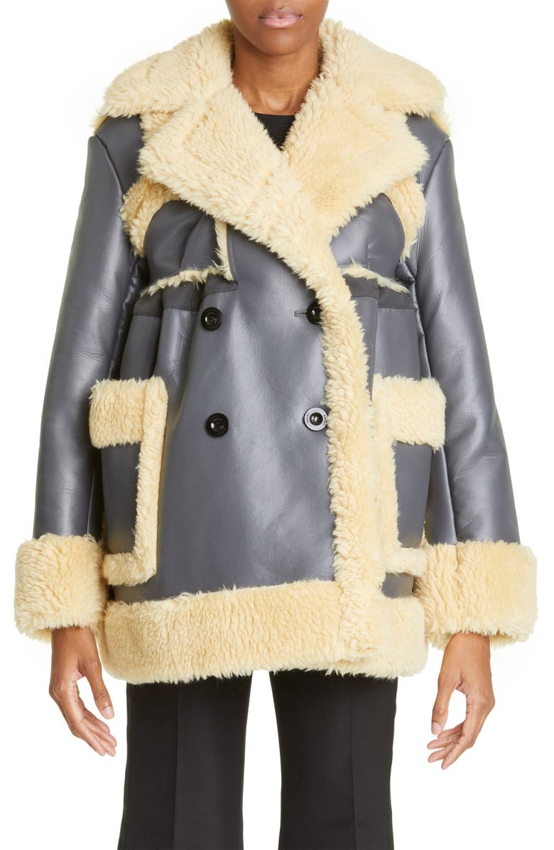 Sacai Double Breasted Faux Shearling Coat, Main, color, 