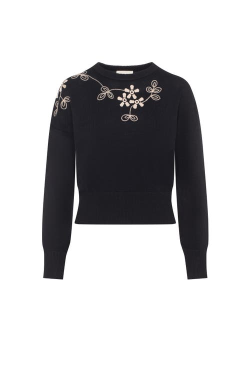 Versatile Embroidered Floral Front Knit Sweater In Black