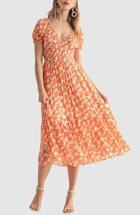 Smocked Waist Puff Sleeve Midi Dress