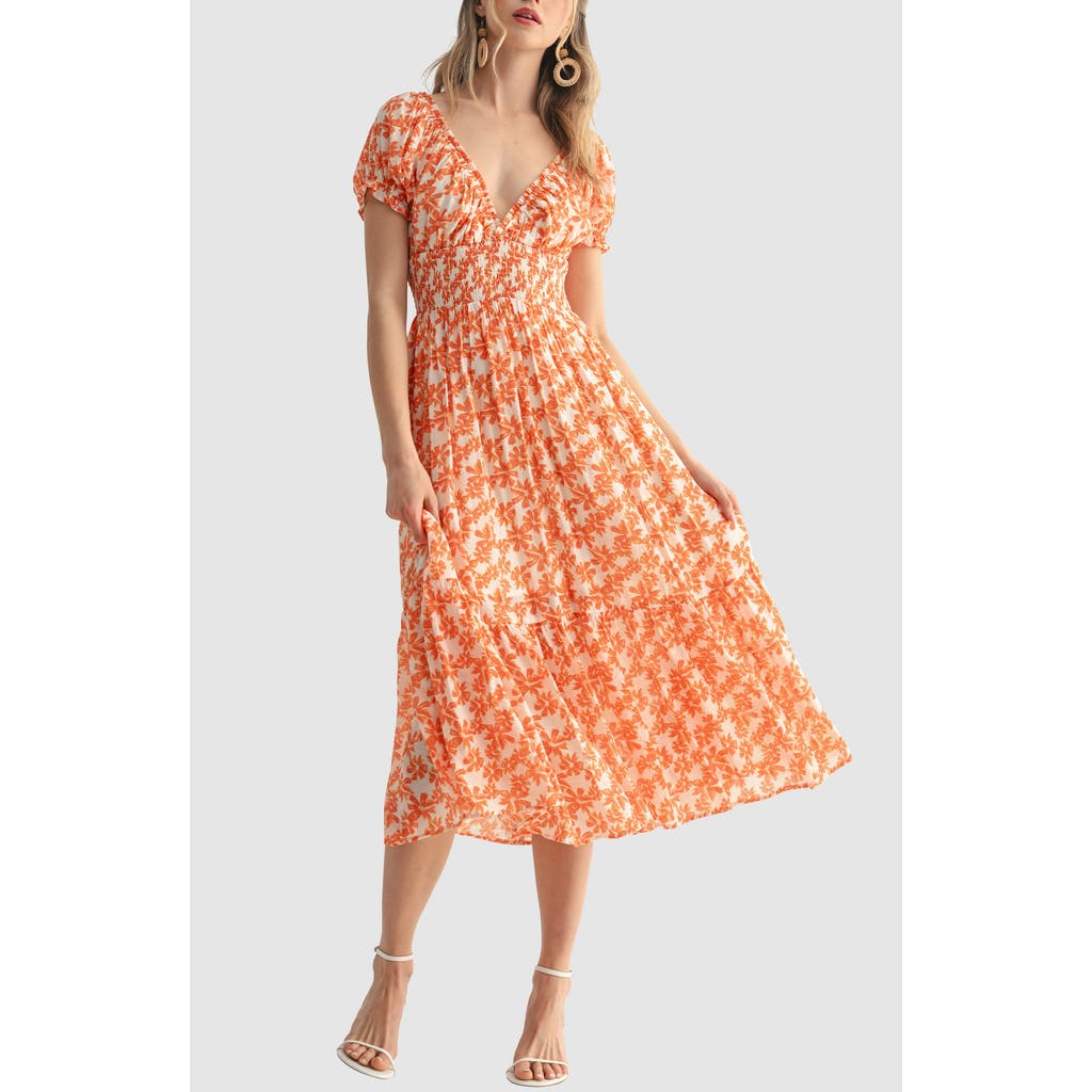 Lush Smocked Waist Puff Sleeve Midi Dress In Multi