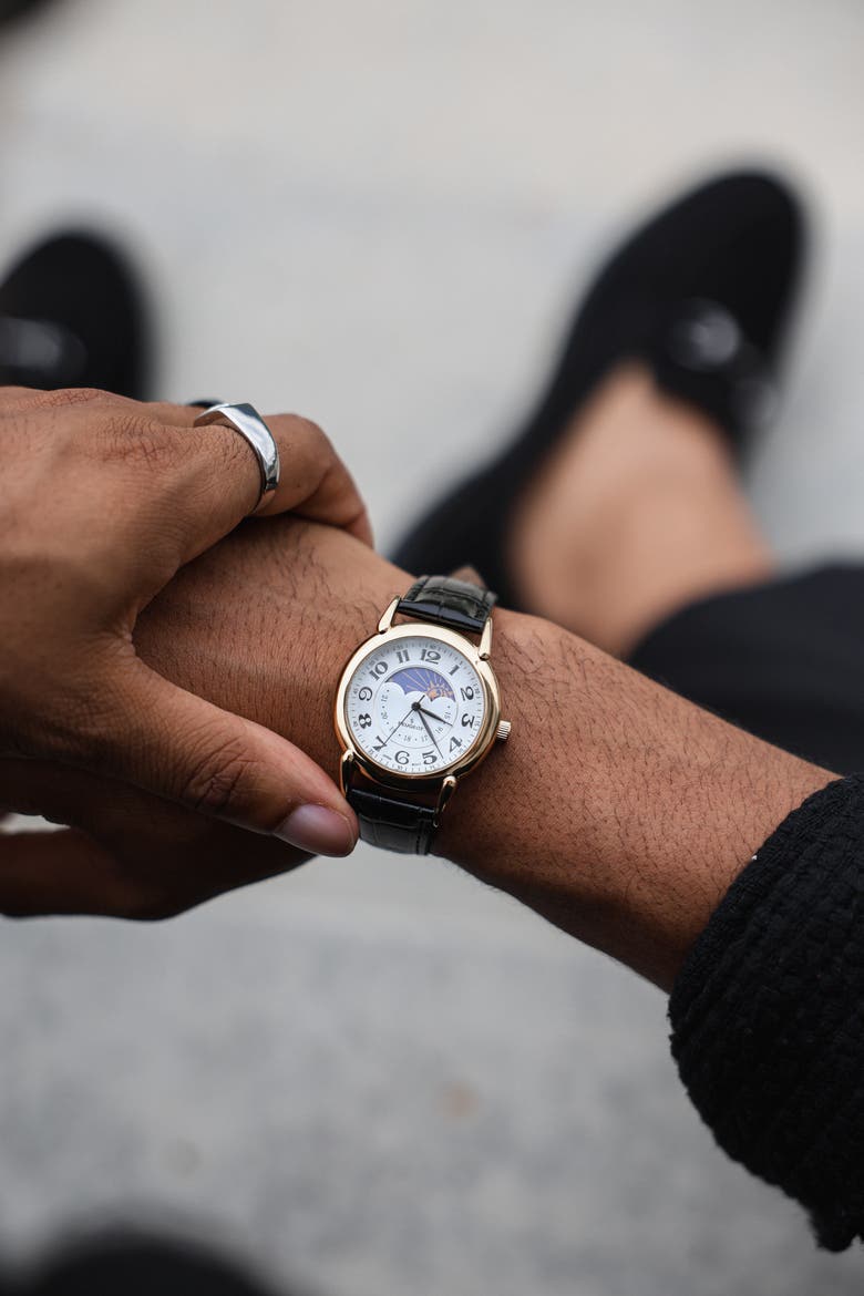 Sun-Moon Vintage Leather Strap Watch - 40MM, Alternate, color, White/Black