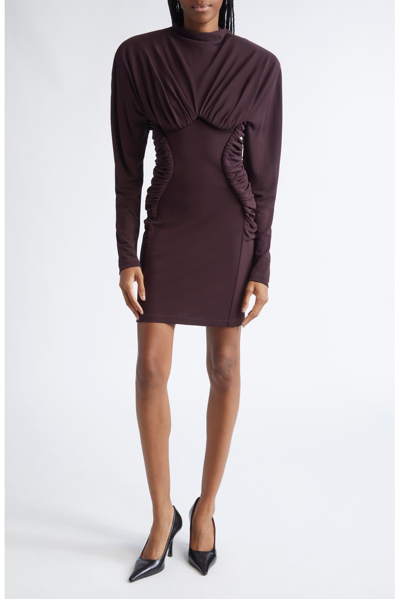 Pleated Long Sleeve Crepe Jersey Minidress, Main, color, CHOCOLATE