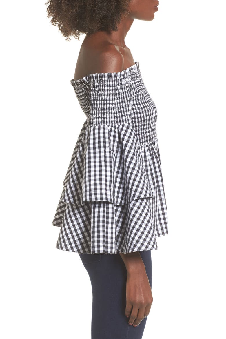 Ruffle Sleeve Off the Shoulder Top, Alternate, color, BLACK LEXI GINGHAM