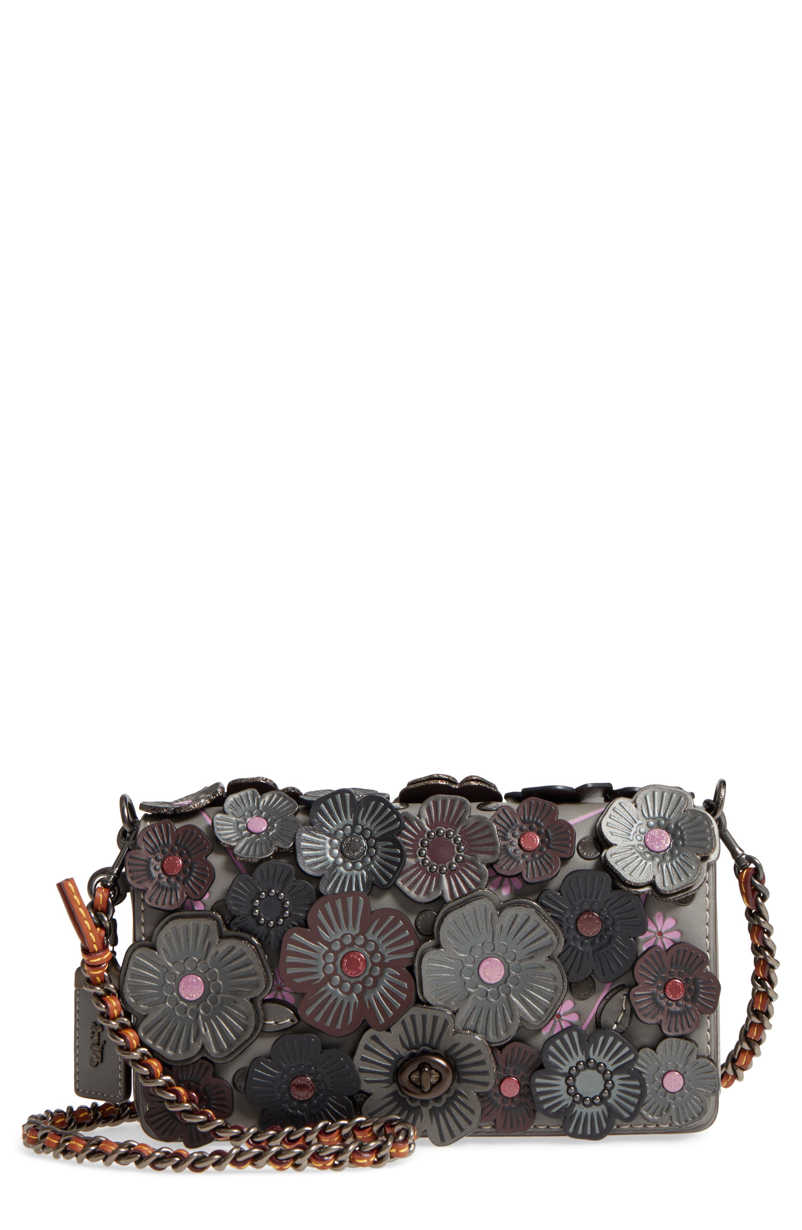 COACH 1941 'Dinky' Flower Appliqué Leather Crossbody Bag, Main, color, 