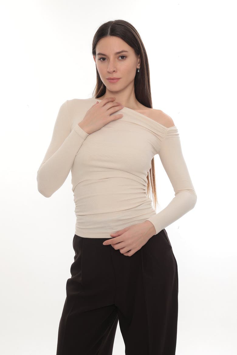 Lune Asymmetric Off-Shoulder Long Sleeve Stretch Top, Alternate, color, Ecru
