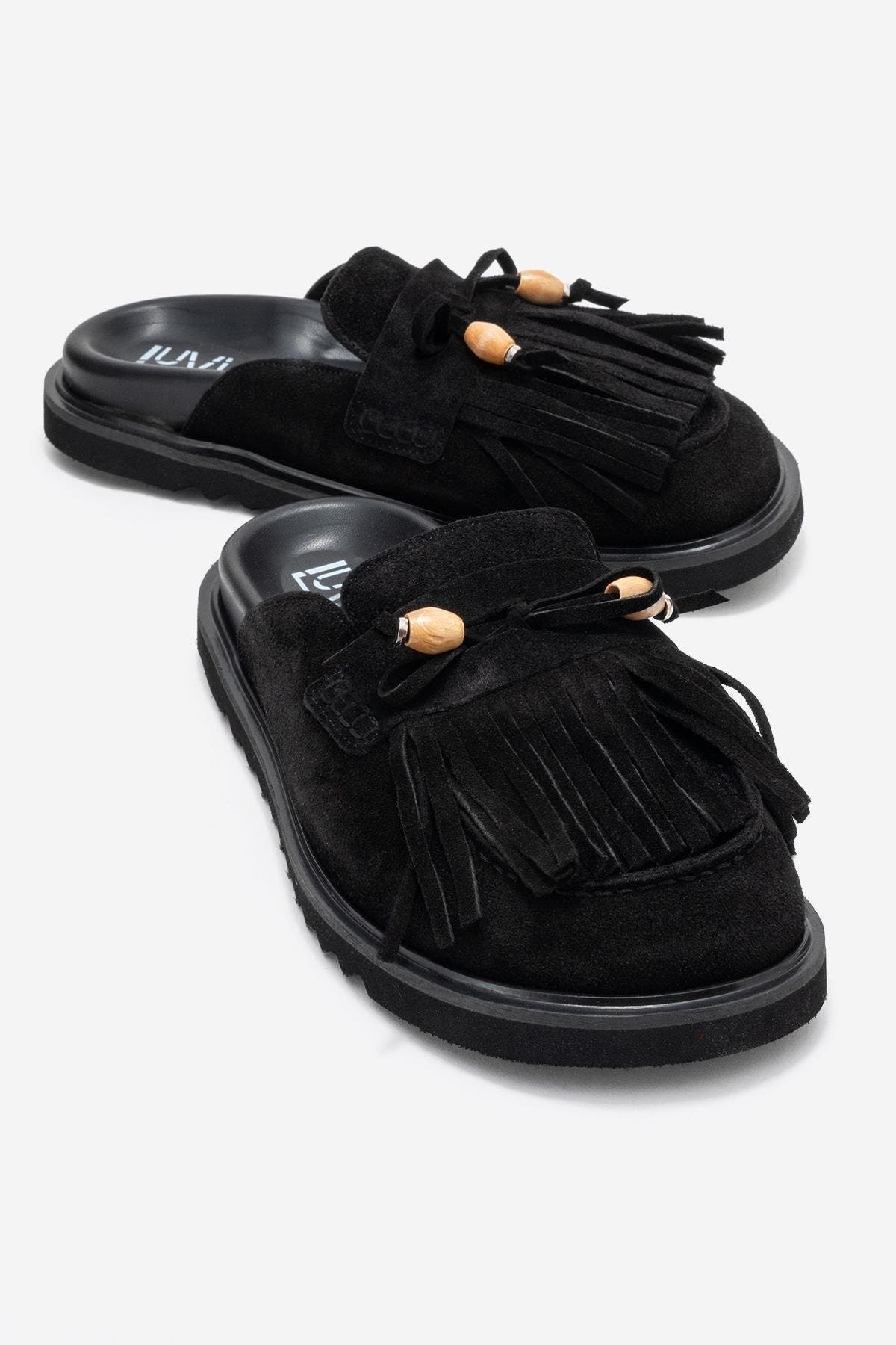 Forever & Always Shoes Carol Tassel Leather Mule, Main, color, Black Suede Leather